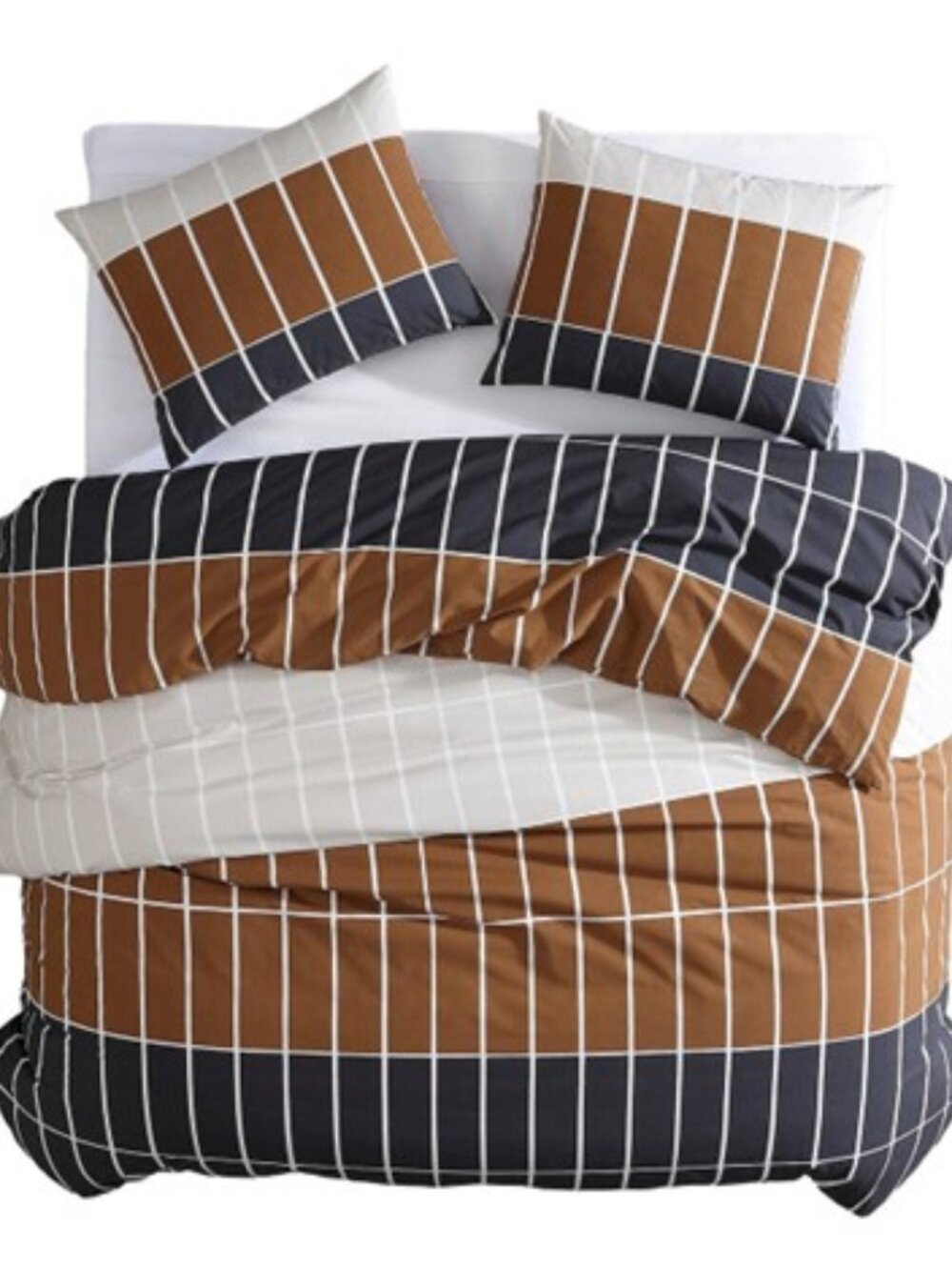 Marimekko Tiiliskivi Raita Brown/Navy KING 3 PCS Duvet Cover/Sham Set. $467